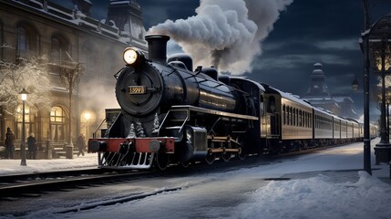 Victorian Train in Winter. Christmas Train. AI Generative