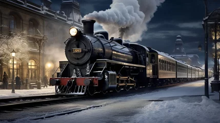 Poster Victorian Train in Winter. Christmas Train. AI Generative © MendyZa