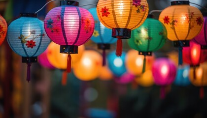 Fototapeta na wymiar Colorful Lanterns Hanging from Ceiling