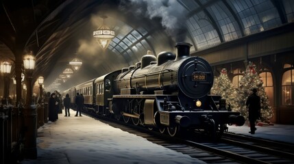 Victorian Train in Winter. Christmas Train. AI Generative - obrazy, fototapety, plakaty