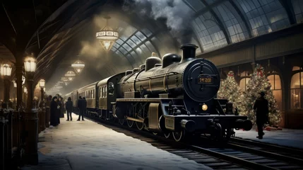 Foto op Canvas Victorian Train in Winter. Christmas Train. AI Generative © MendyZa