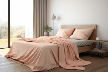 Peach fuzz sheet set from a bed with pillows, in the style of post processing, dullcore, smooth surface, ultra detailed, organic material