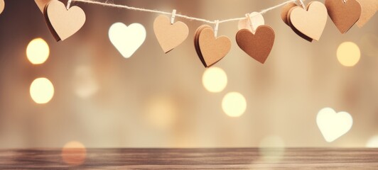 Happy Valentine's Day Valentine wedding birthday background banner panorama greeting - Beige brown hearts hanging on a string, with bokeh lights in the background - obrazy, fototapety, plakaty