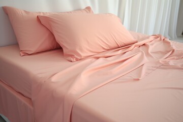 Peach fuzz sheet set from a bed with pillows, in the style of post processing, dullcore, smooth surface, ultra detailed, organic material