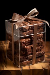 chocolate brownies in a transparent box with bow pon top