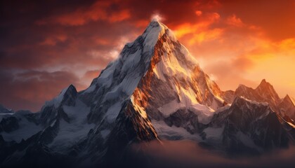 A Majestic Snow-Covered Peak Piercing the Clouds