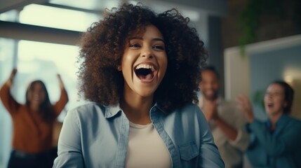 Excited Black Woman Feeling Winner Receiving Good Test Results, Celebrating and Success Concept
