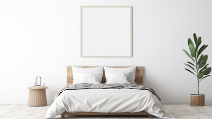 A minimalist bedroom with an empty white mockup frame, quietly hanging on the wall, waiting to showcase your favorite memories.