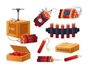Dynamite with wick set. Vector set of explosive lethal weapon, TNT with timer and detonator, dynamite pack and sticks with burning fuse, burning bomb. Military weapon, army, war, destruction