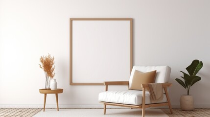 A serene reading corner with an empty white mockup frame, allowing you to personalize the space with your favorite literary quotes or artwork.