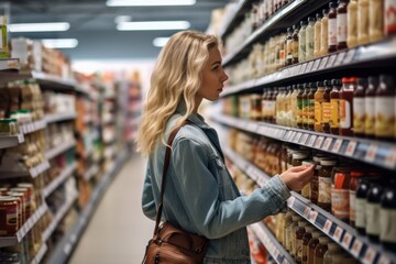 Woman shopping for groceries, choosing products in supermarket aisle. Consumer choice and retail.