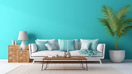Fototapeta na wymiar A tropical paradise in your living room, with an empty white mockup frame on a vibrant turquoise wall, creating a refreshing atmosphere.