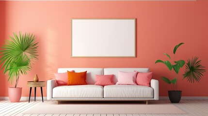 A vibrant living room adorned with tropical flora, a free empty mockup frame hanging gracefully on a coral-colored wall, adding warmth to your surroundings.