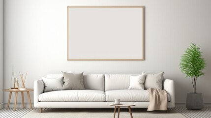 An empty white mockup frame adorning the wall of a contemporary living room, offering a blank canvas for your personal touch.