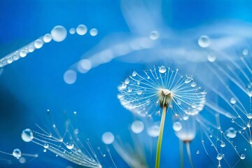 drop of dew on dandelion seeds. macro background blue color. drops of water on the  parachutes of a flower. concept of tranquility a gentle image. - Powered by Adobe