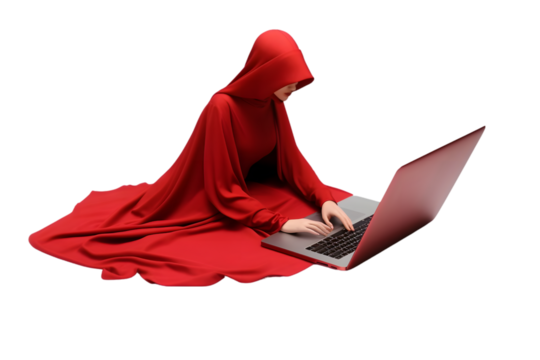 3d beautiful woman working on laptop and lying down on floor isolated on white background. Generative Ai.