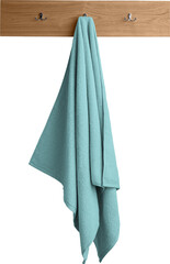 Mockup of blue terry towel PNG, hanging on a hanger, handrail - obrazy, fototapety, plakaty