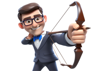 3d cartoon businessman aiming with bow and arrow 3d rendring isolated on white background. Generative Ai.