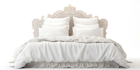 Fototapeta na wymiar 3d rendering of a classic bed with white pillows on white background,Classic White Bed Design in High-Quality 3D Illustration