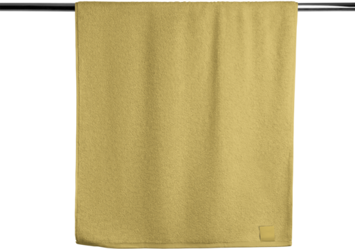 Mockup of a yellow terry towel PNG, hanging on a hanger, handrail