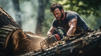 woodcutter cutting pine tree with chainsaw outside - obrazy, fototapety, plakaty