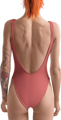 Mockup of a red one-piece swimsuit on a girl with a tattoo, back view, bodysuit PNG