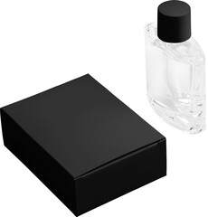 Black box mockup, atomizer bottle with lid, perfume vial PNG, for design
