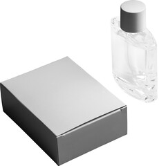 White box mockup, atomizer bottle with lid, perfume vial PNG, for design