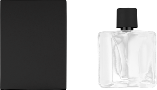 Black box mockup, atomizer bottle with lid, perfume vial PNG, for design