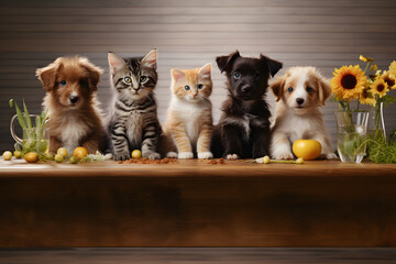 Kittens and puppies looking over the edge of a table