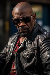 tough senior black man wearing sunglasses and black leather jacket - gang member - biker club member