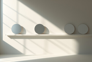 Three spherical objects on shelf with artistic shadows