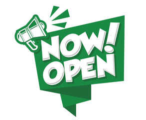 Obraz premium Notice Now open. Template sign with megaphone for entrance door or web. Opening celebration. Vector on transparent background 