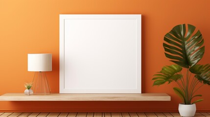 Elevate your living space with tropical vibes, a sun-kissed orange wall highlighting an empty white mockup frame, ready for your personal touch.