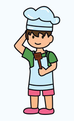 Kitchen element of colorful set. Little boy cook capture the charm and enthusiasm of young chefs in a dynamic and heartwarming style. Vector illustration.