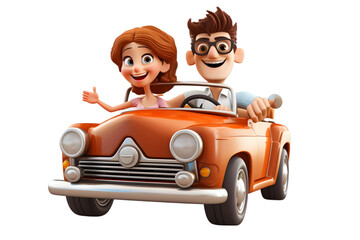 3d cartoon man and woman driving car 3d rendring isolated on white background. Generative Ai.