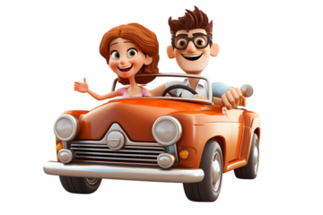 3d cartoon man and woman driving car 3d rendring isolated on white background. Generative Ai.