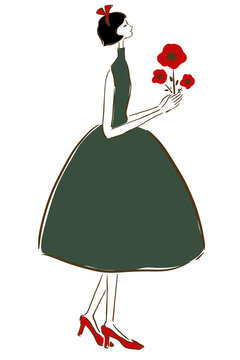 Parisienne in black dress with red flowers.