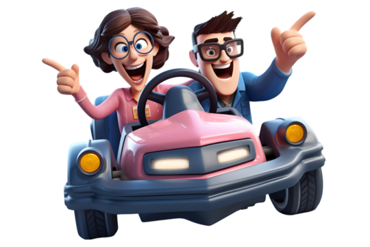 3d cartoon man and woman driving car 3d rendring isolated on white background. Generative Ai.