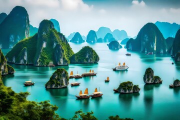 beautiful landscape halong bay view from  adove the bo hon island.halong bay is the unesco world heritage site, it is a beautiful natural wonder in northern - obrazy, fototapety, plakaty