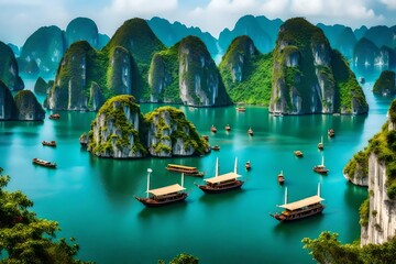 **beautiful landscape halong bay view from  adove the bo hon island.halong bay is the unesco world heritage site, it is a beautiful natural wonder in northern - obrazy, fototapety, plakaty
