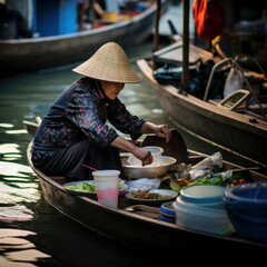 bangkok woman making food for sale from boat. - obrazy, fototapety, plakaty