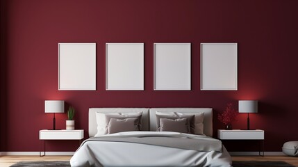 Transform your bedroom into a luxurious sanctuary, featuring an empty white photo frame against a sophisticated burgundy wall, ready to showcase your favorite moments.