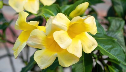 Naklejka premium Closeup of Mandevilla flowers with white petals and yellow center blooming