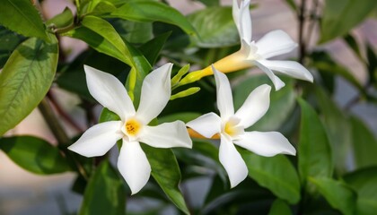 Closeup of Mandevilla flowers with white petals and yellow center blooming