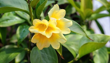 Closeup of Mandevilla flowers with white petals and yellow center blooming