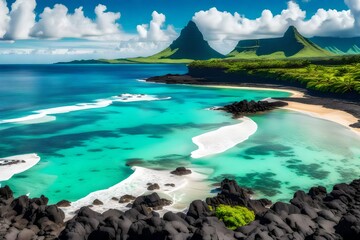*landscape with le mome beach and mountain at mauritius island, Africa - obrazy, fototapety, plakaty