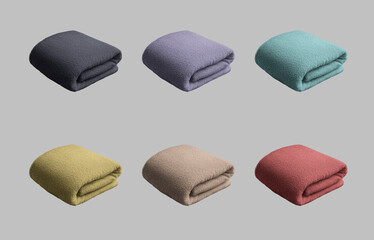Mockup of yellow, violet, tan, nude, beige, light blue, blue, red towels, presentation of a towelette folded diagonally for branding. Set