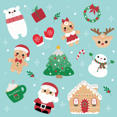 Christmas design elements in cartoon flat style. Winter holidays collection with cute Christmas characters: Santa Claus, deer, gingerbread man, bear, gift box, mittens, christmas tree, snowman and etc