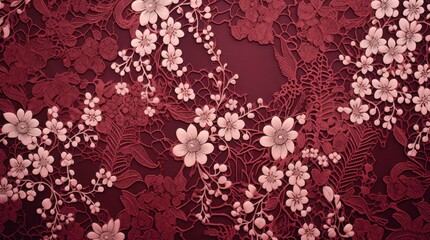 Dark red lace texture with white flowers.